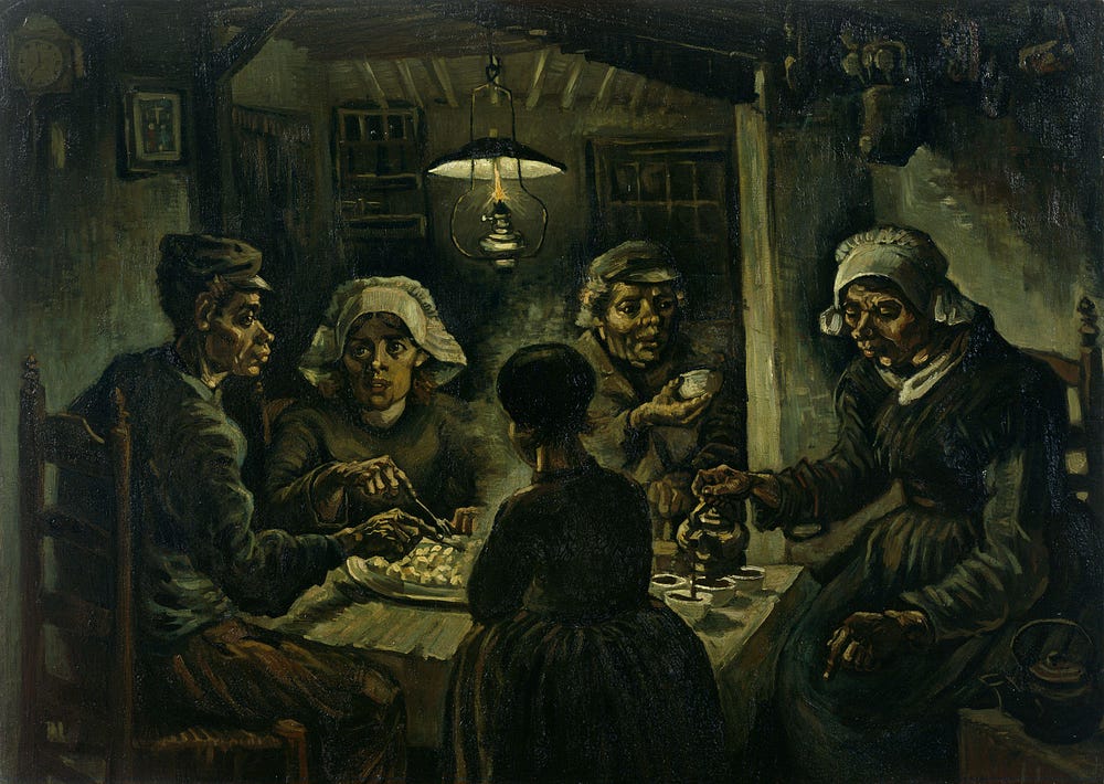 The Potato Eaters, 1885 by Van Gogh AI is writing poems, drawing paintings, and creating music while humans work on minimum wage - Twitter.